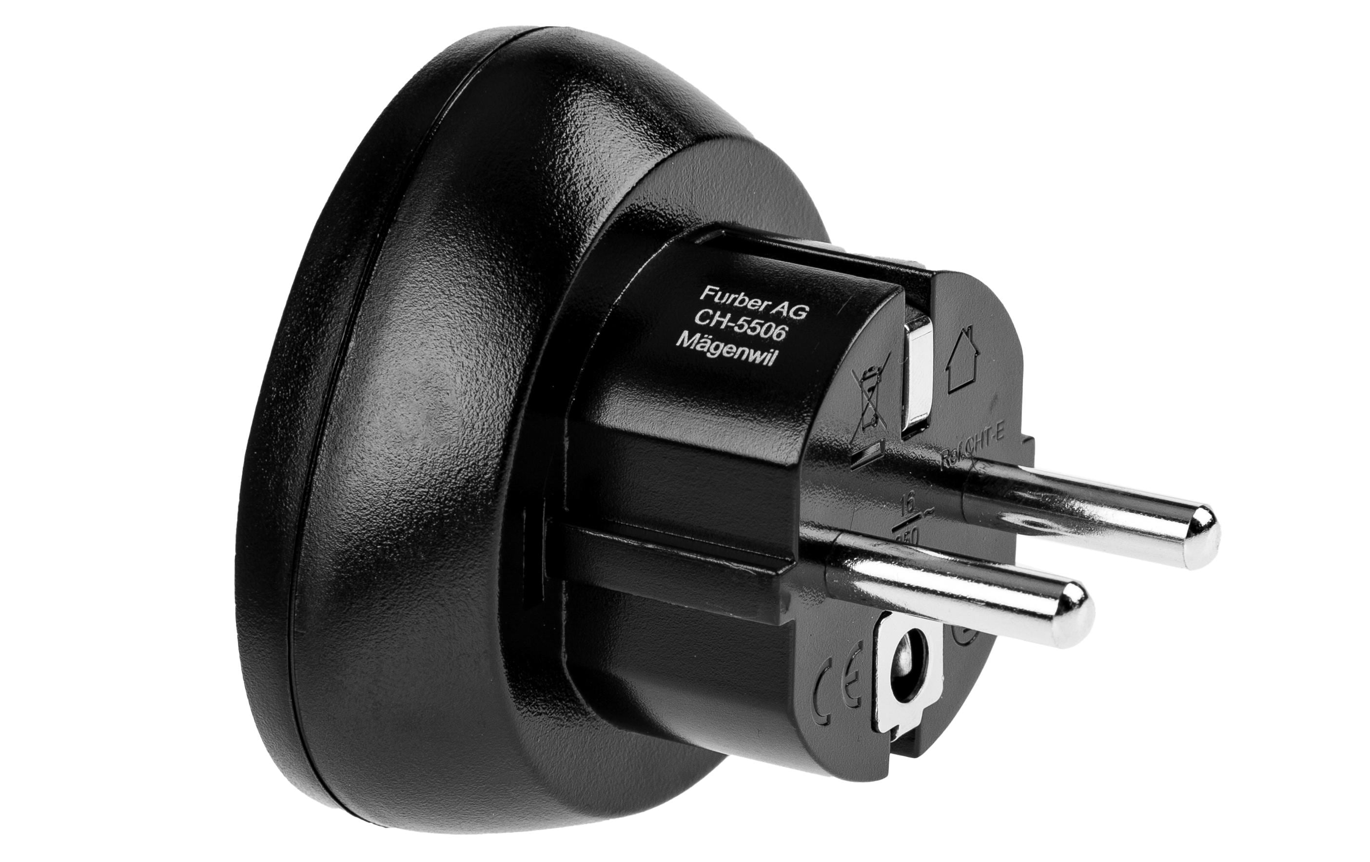 Der CIELOTEC FURBER.power Reiseadapter CH – Schuko 3-Polig ist ein schwarzer europäischer Reiseadapter mit Metallkontakten, perfekt als Schweizer Adapter zum Anschluss Ihrer Geräte an EU-Steckdosen oder Powerstations auf Reisen.