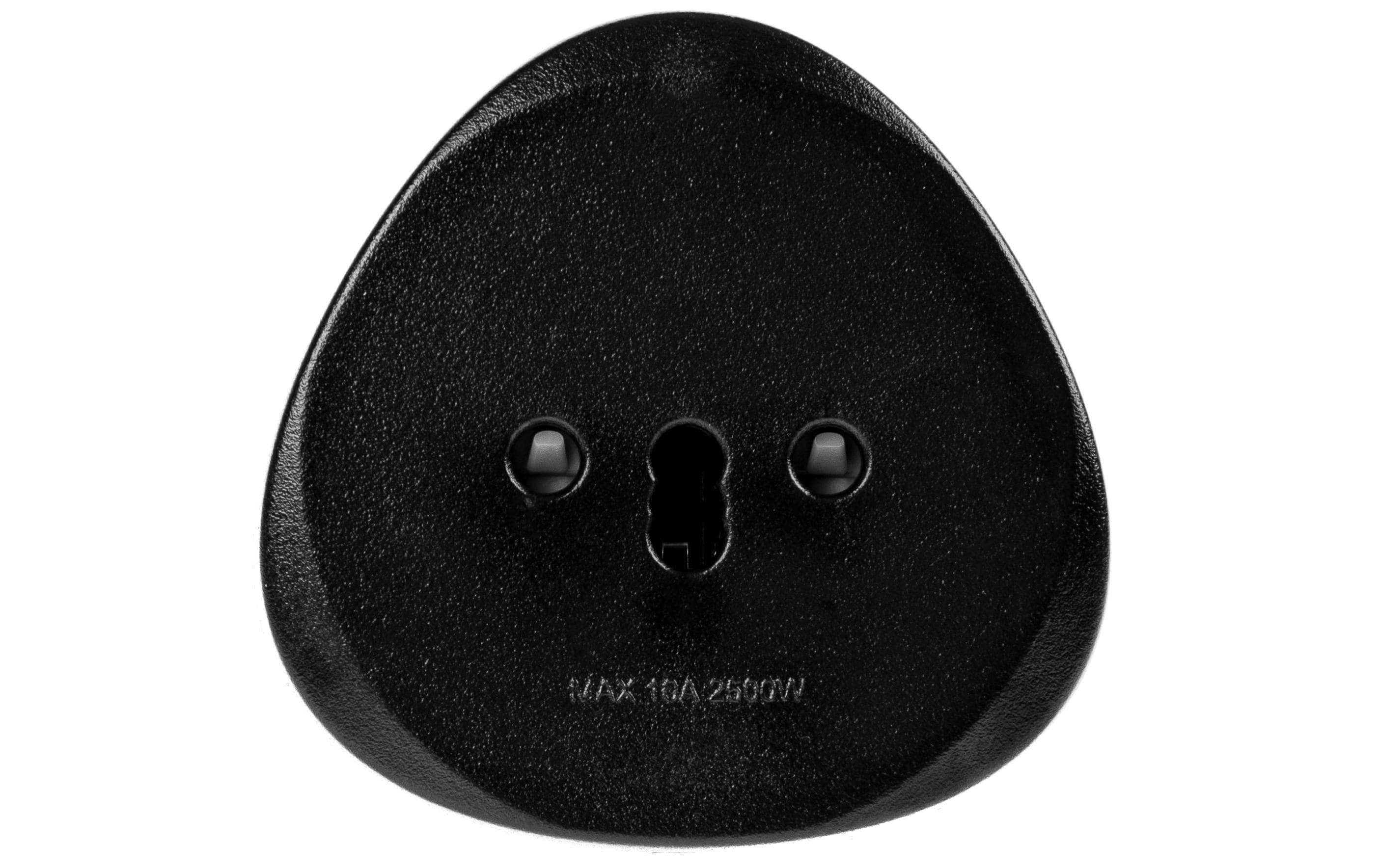 Nahaufnahme des CIELOTEC FURBER.power Reiseadapter CH – Schuko 3-polig für Powerstations. Die Vorderseite ist mit drei Stiftlöchern und der Aufschrift „MAX 10A 250V~“ an der Unterseite versehen.