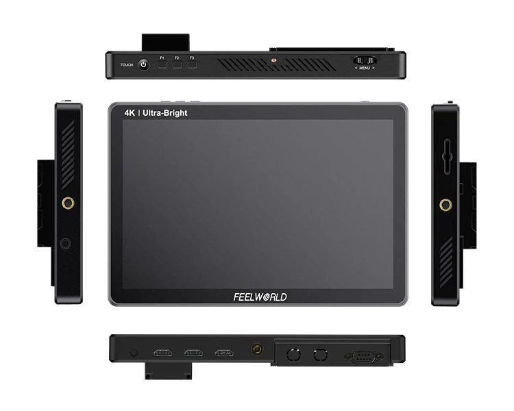 Entdecken Sie den FEELWORLD LUT11H, einen 10,1-Zoll-HDMI-Monitor mit ultrahellem 2000-Nit-Full-HD-Touchscreen-IPS-Display. Sein brillanter Frontbildschirm und mehrere Anschlüsse oben, unten und an den Seiten gewährleisten eine intuitive Bedienung für jedes Kamera-Monitor-Setup.