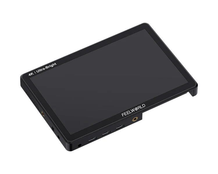 Der FEELWORLD LUT11H ist ein eleganter, schwarzer, rechteckiger 10,1-Zoll-HDMI-Monitor mit ultrahellem 2000-nit-Full-HD-IPS-Touchscreen. Er verfügt über mehrere Anschlüsse, darunter HDMI und USB – ideal für den professionellen Einsatz.