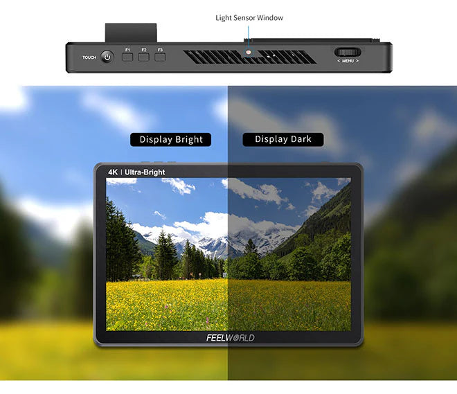 Das FEELWORLD LUT11H verfügt über ein Display mit geteilter Helligkeit und Berglandschaft, Ein-/Aus- und Menütasten sowie einen Lichtsensor an der Oberseite. Es bietet einen ultrahellen Full-HD-IPS-Touchscreen mit 2000 Nit und der Bezeichnung „4K“ sowie HDMI für nahtlose Konnektivität.