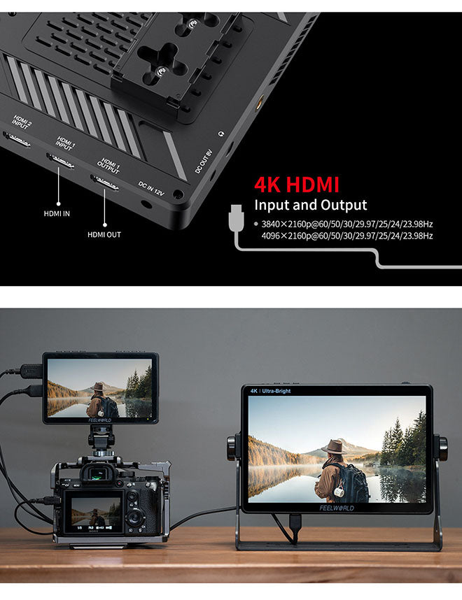 Ein Kamera-Setup umfasst zwei Monitore: Der obere verfügt über einen 4K-HDMI-Eingang/-Ausgang, während der untere den FEELWORLD Feelworld LUT11H anzeigt, einen lebendigen 10,1-Zoll-Full-HD-IPS-Monitor mit einem ultrahellen 2000-Nit-Touchscreen, der eine atemberaubende Kanulandschaft auf einem See zeigt.