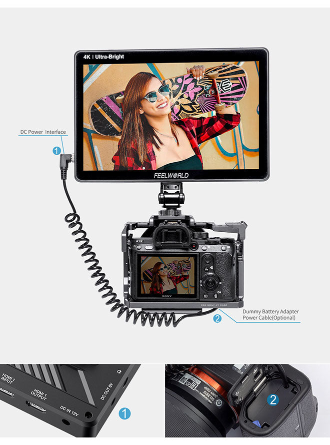 Eine Digitalkamera wird an einen FEELWORLD LUT11H 10,1" HDMI-Monitor angeschlossen, der über ein ultrahelles 2000nit Full-HD-Touchscreen-IPS-Display verfügt. Es zeigt eine Frau mit Sonnenbrille und Skateboard und hebt den HDMI-Signaleingang und die DC-Stromschnittstelle für flexible Konnektivität und Komfort hervor.