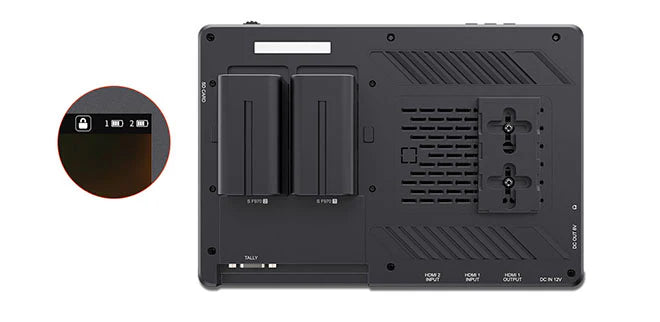 Das Bild zeigt die Rückseite eines FEELWORLD LUT11H 10,1" HDMI-Monitors in Schwarz mit zwei Batteriefächern mit der Markierung 1 und 2, einem kreisförmigen Schlosssymbol und Anschlüssen für verbesserte Konnektivität auf seinem ultrahellen 2000-Nit-Full-HD-IPS-Touchscreen-Display.