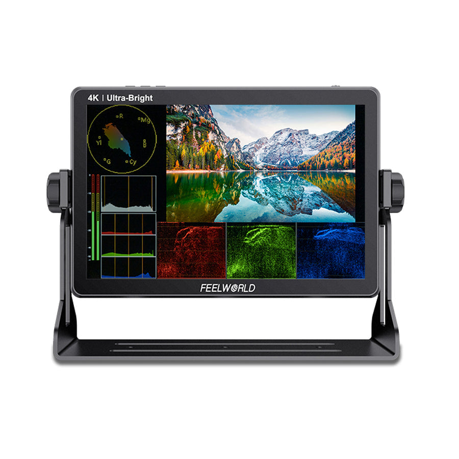 Der Feelworld LUT11H, ein FEELWORLD 4K-Monitor, zeigt auf seinem ultrahellen 2000-Nit-10,1-Zoll-IPS-Display einen malerischen Bergsee mit leuchtenden Bäumen und klarem Himmel. RGB-Wellenformen und Histogramme werden auf dem Nur-HDMI-Bildschirm klar und deutlich angezeigt und sind sicher auf einem Ständer montiert.