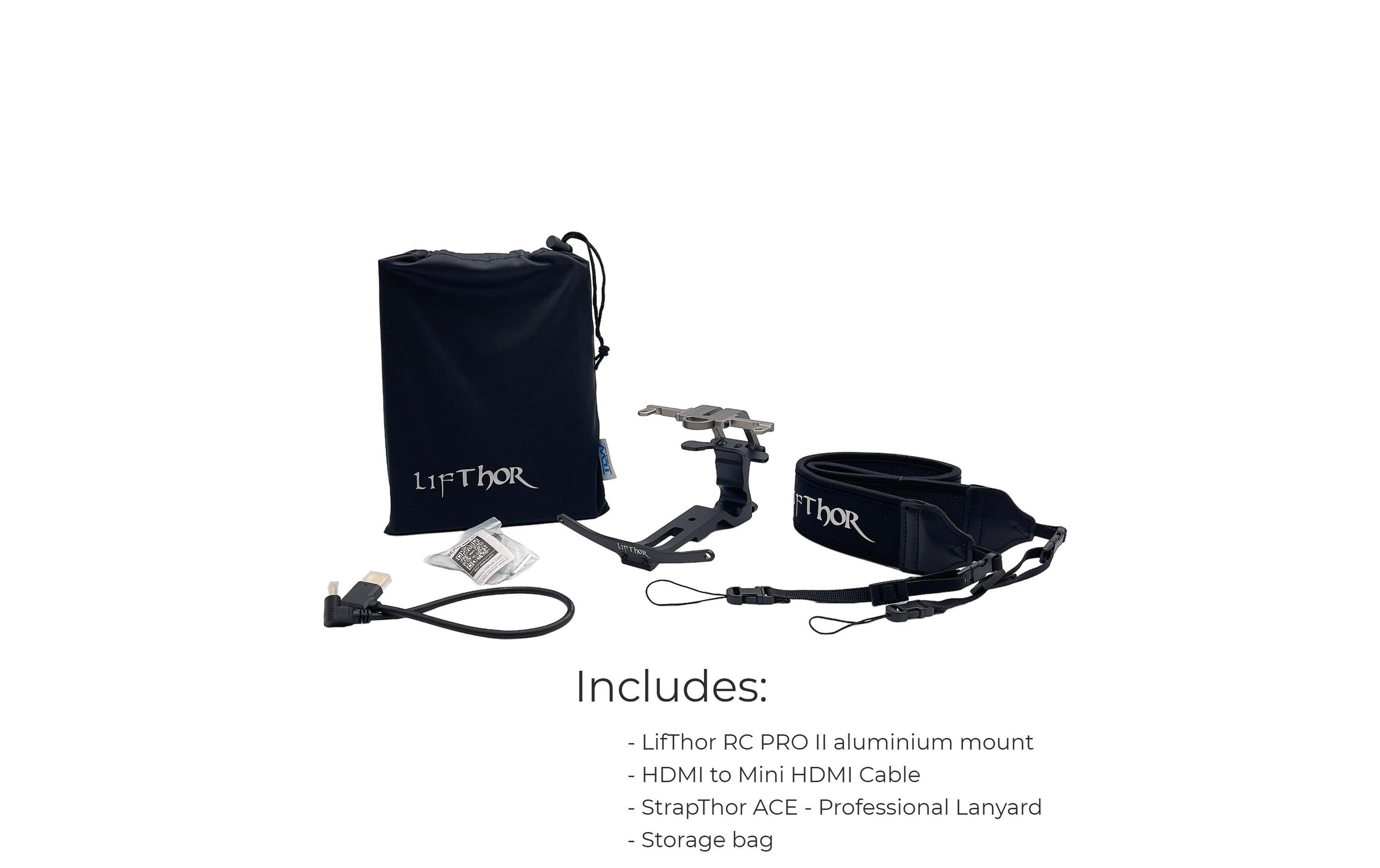 Abgebildet ist ein Set „Lifthor Monitor & Stativ Halterung II für DJI RC Pro“ mit einer Aluminiumhalterung, einem HDMI-zu-Mini-HDMI-Kabel, einem Trageband und einer Aufbewahrungstasche auf weißem Hintergrund mit einer Komponentenliste darunter.