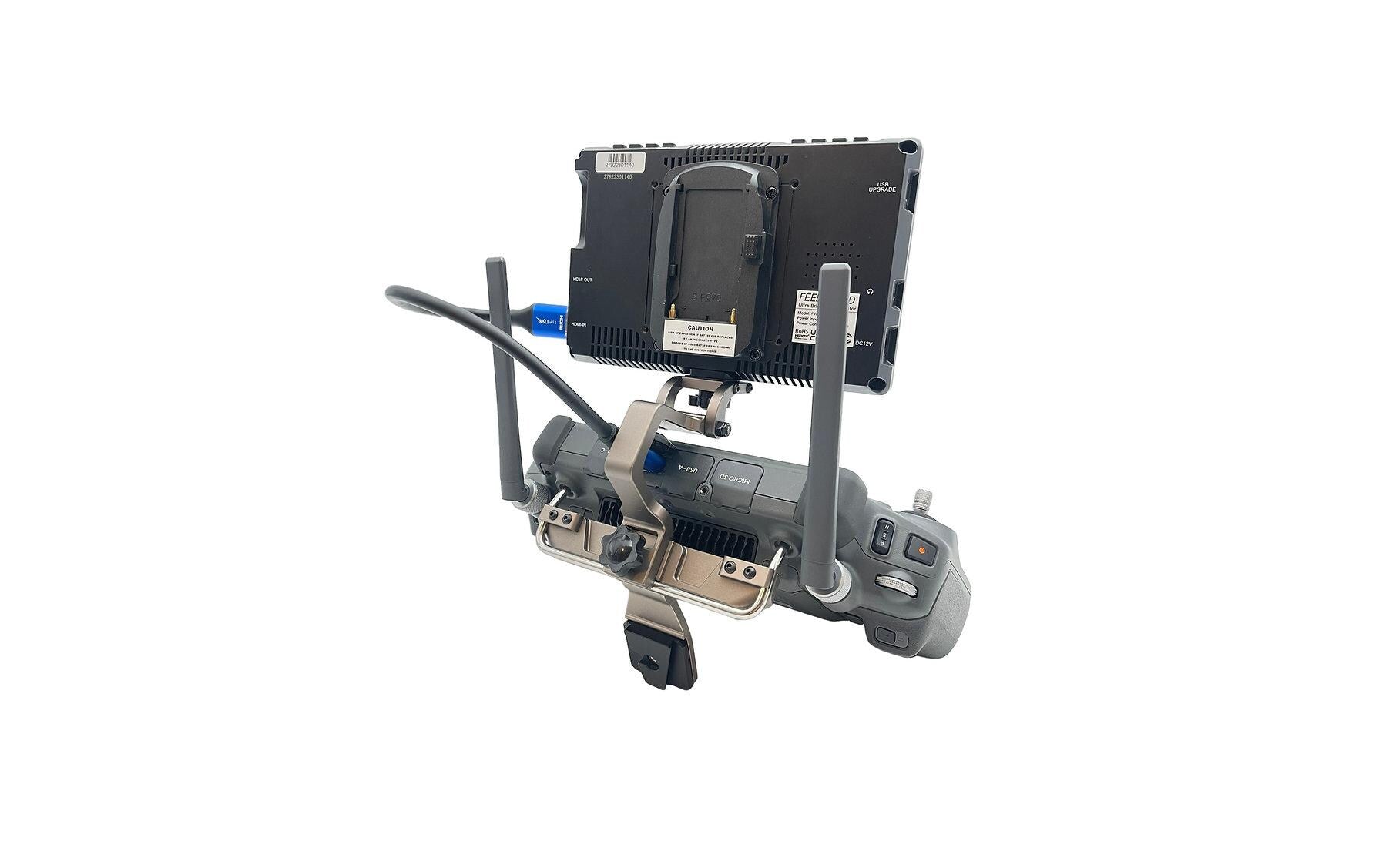 Die LifThor RC PLUS Utility Mount II, kompatibel mit M30, M350, M4-Serie und Inspire 3, verfügt über ein graues Fernbedienungsdesign mit Rückansicht und einem oberen Bildschirm, einem Griff, Steuertasten, zwei Antennen, sichtbaren Anschlüssen auf der Rückseite und bietet Schutz für den Bildschirm.