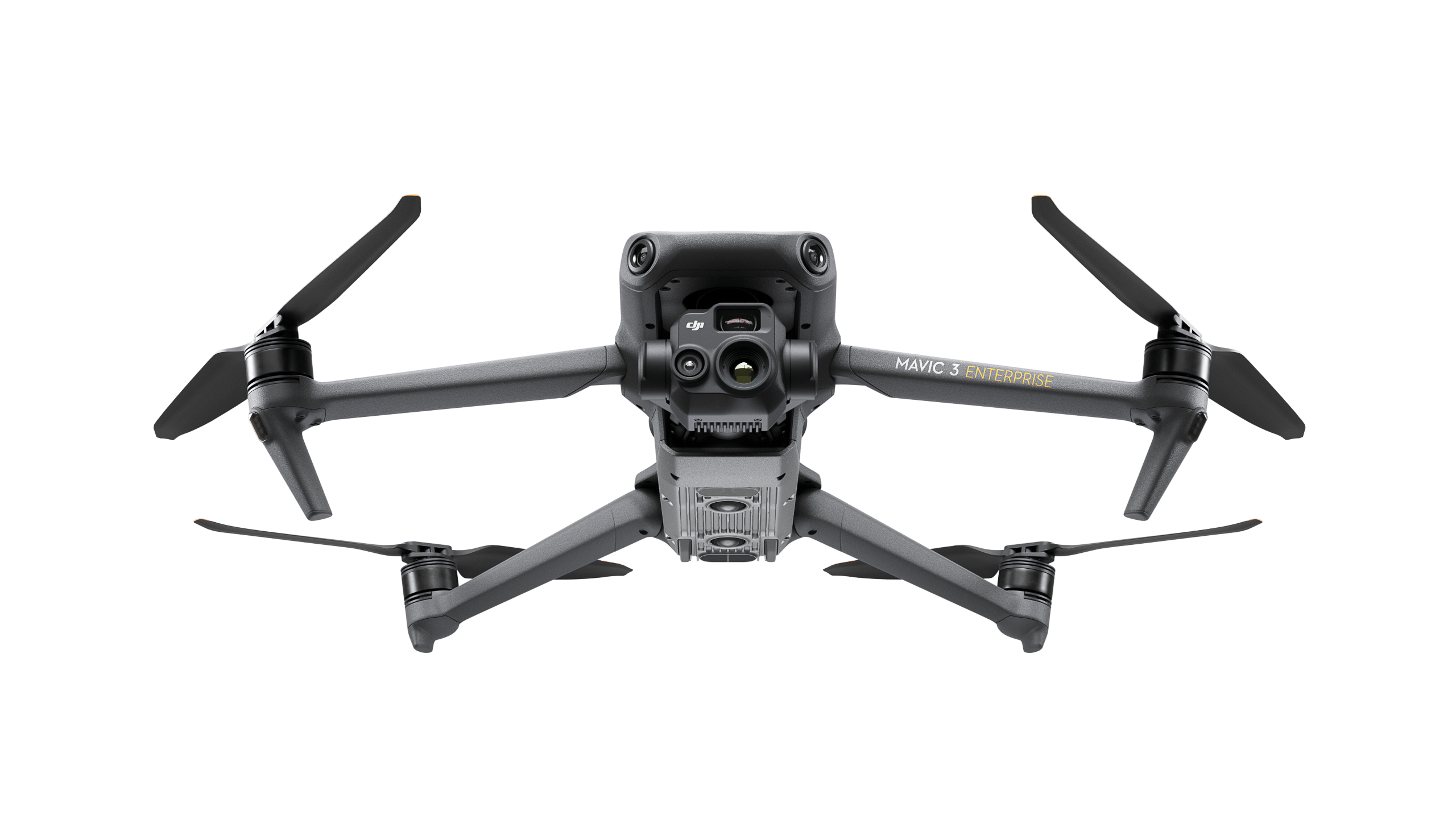 Ein schwarzer DJI Mavic 3 Enterprise Thermal Multikopter (M3T, EU/C2 zertifiziert) von DJI Enterprise mit vier Propellern, Frontsensoren und zentraler Kamera steht vor weißem Hintergrund. Perfekt für Rettungseinsätze, inkl. DJI Care Basic Versicherung.