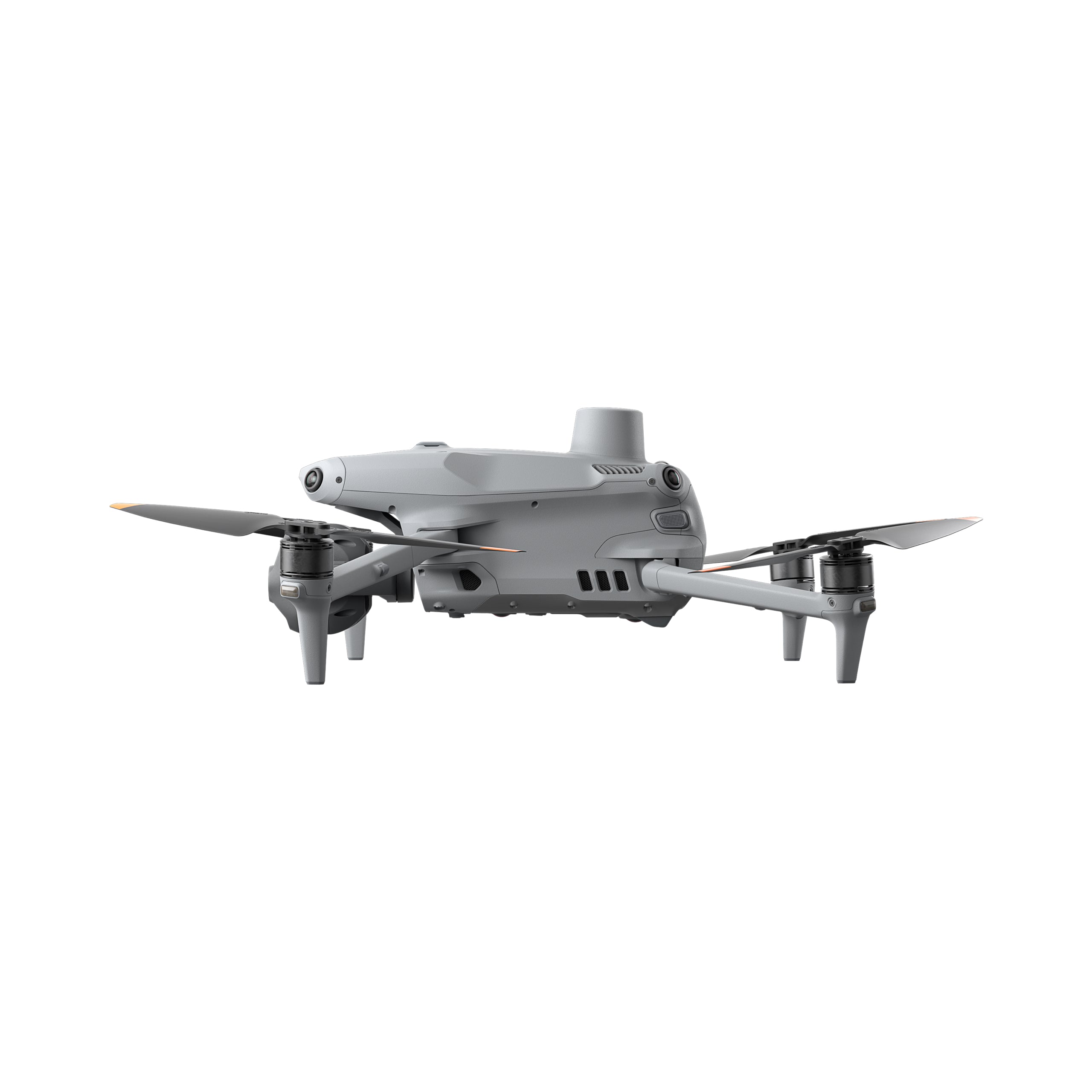 Der DJI Matrice 4 Thermal (M4T) von DJI Enterprise, ein kompakter grauer Quadrocopter mit vier Propellern, steht vor einem weißen Hintergrund und präsentiert sein schlankes Design und seine moderne Technologie als intelligente Flaggschiff-Drohne mit mehreren Lichtern.