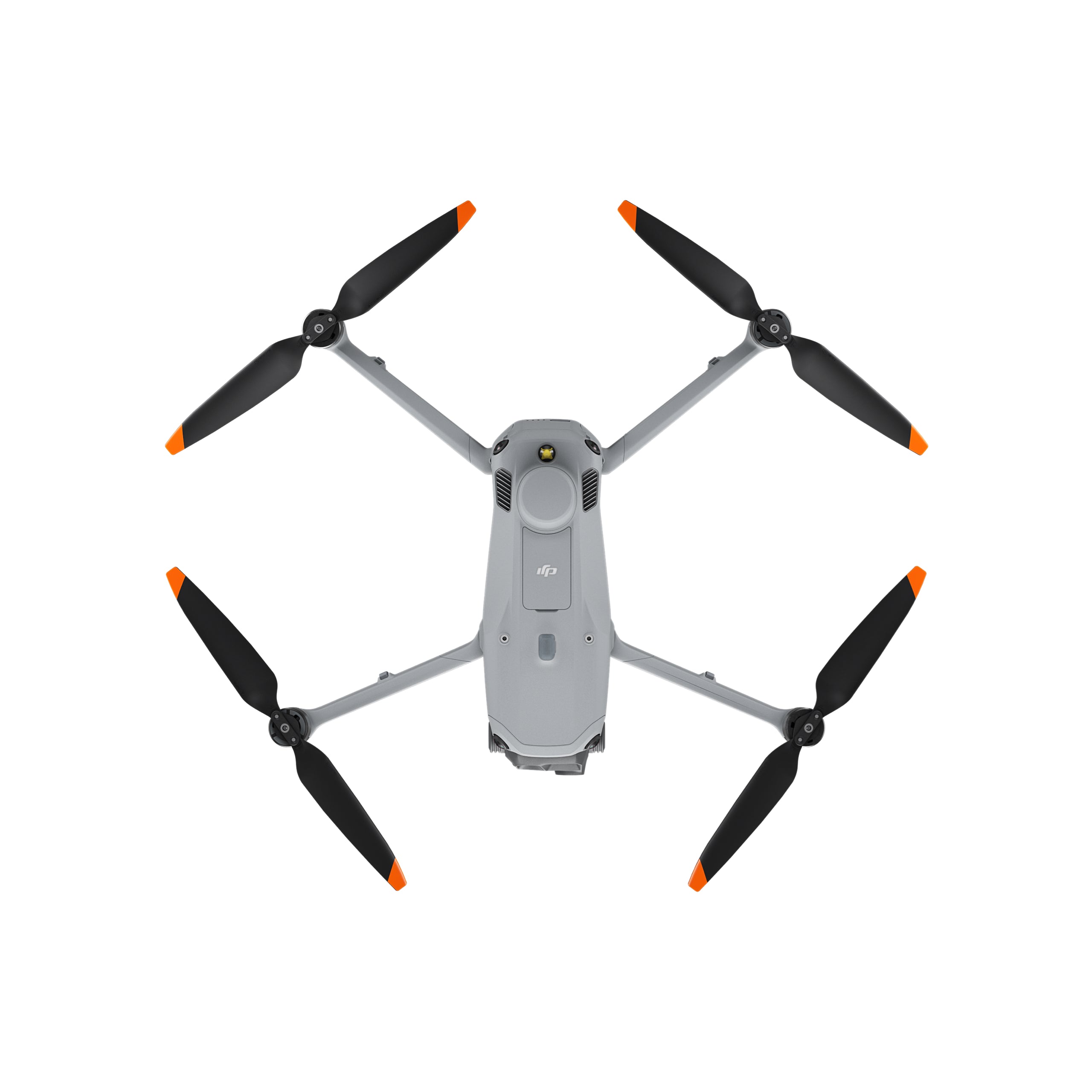 Eine Draufsicht zeigt die graue Drohne DJI Enterprise Matrice 4 Thermal (M4T) mit einer Wärmebildkamera, vier schwarzen Propellern mit orangefarbenen Spitzen und einem eleganten Design vor einem schlichten weißen Hintergrund, ein Beispiel für intelligente Multi-Light-Flaggschiff-Drohnen.