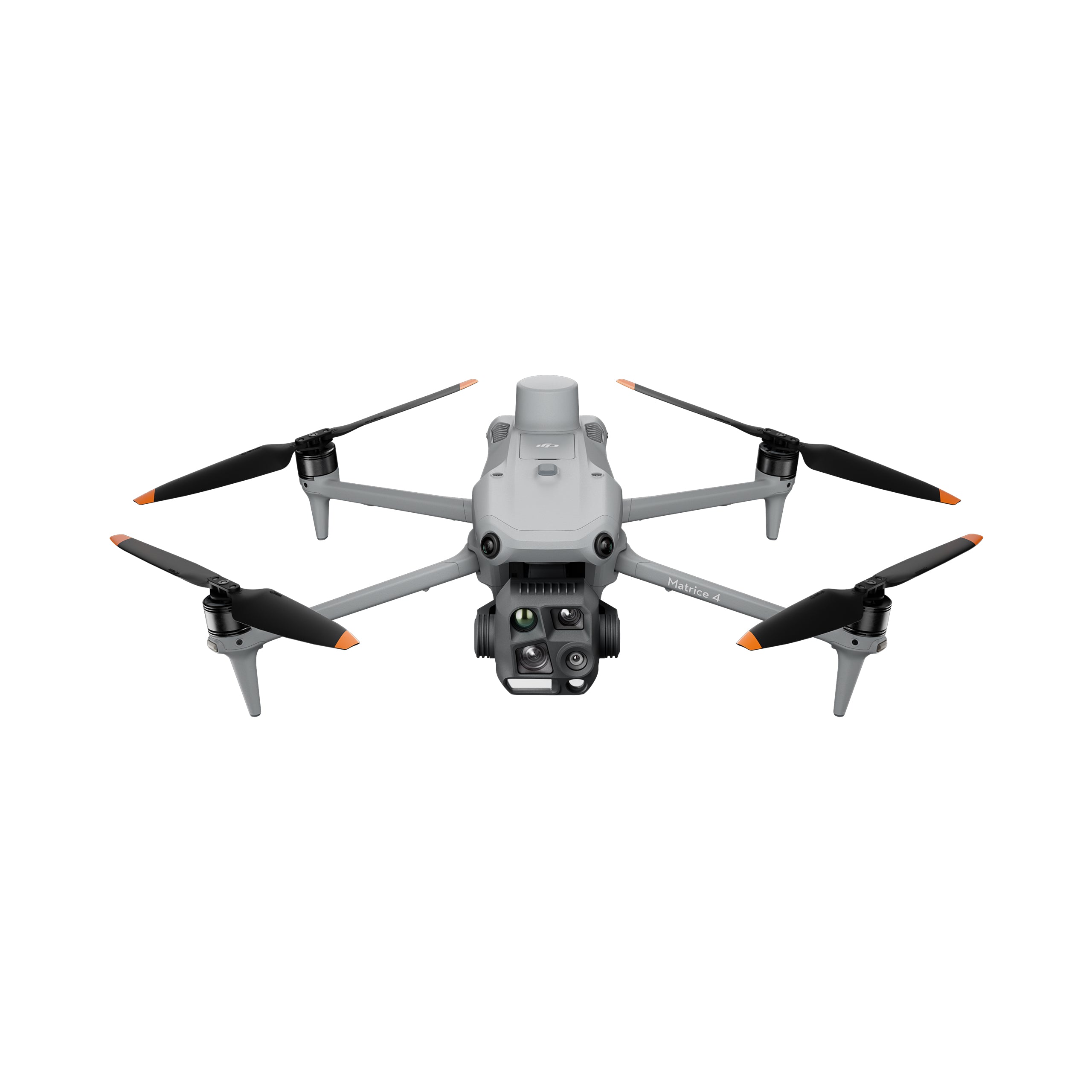 Die DJI Enterprise Matrice 4 Thermal (M4T) Drohne besticht durch ihr intelligentes Design mit vier orangefarbenen Propellern und einer Frontkamera. Ihr schlankes graues Gehäuse verkörpert modernste Technologie und macht sie zur idealen Multi-Light-Flaggschiff-Drohne vor makellos weißem Hintergrund.