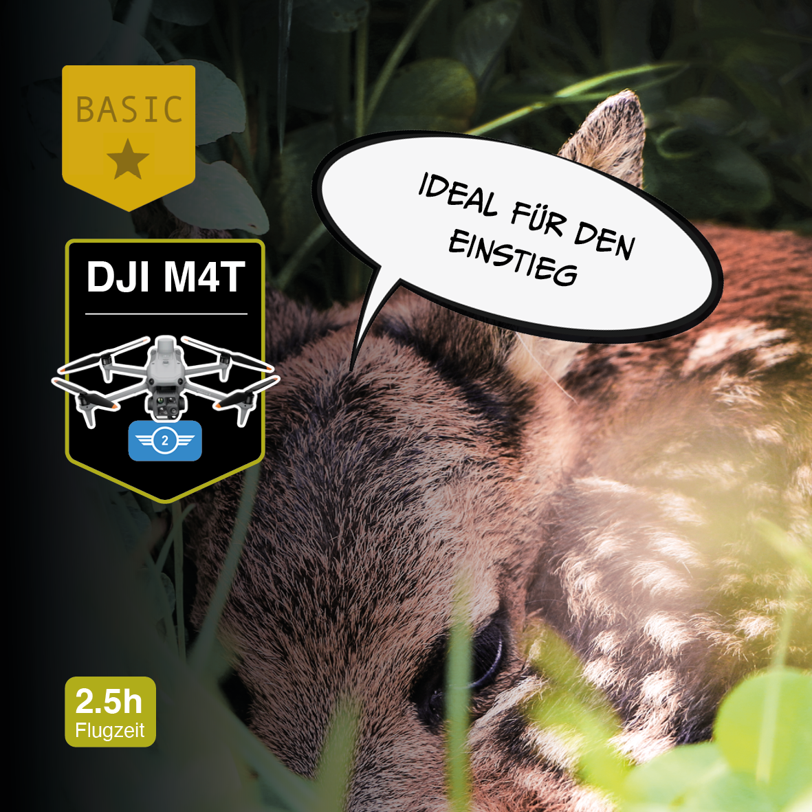 Ein Rehkalb versteckt sich im Gras neben einem Aufkleber mit der Aufschrift „CIELOTEC und DROHNENSET Rehkitzrettung – DJI Matrice 4T (M4T) – BASIC“, auf dem eine Drohne abgebildet ist. In einer Sprechblase steht „IDEAL FÜR DEN EINSTIEG“, und auf einem Etikett unten links ist „2,5 h Flugzeit“ zu lesen.