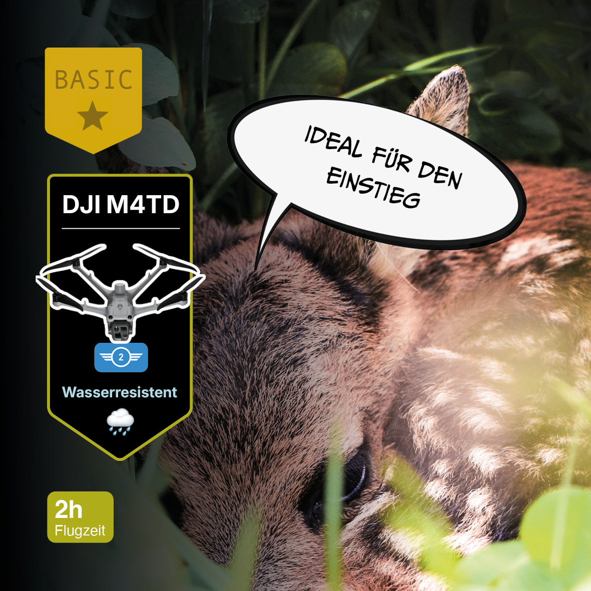Eine Nahaufnahme eines Rehkitzes, das teilweise im Gras versteckt ist. Eine Einblendung zeigt ein BASIC-Logo, das Symbol der Drohne „CIELOTEC DROHNENSET Rehkitzrettung – DJI Matrice 4TD“ mit den Bezeichnungen „Wasserresistent“ und „2h Flugzeit“ sowie eine Sprechblase mit der Aufschrift „IDEAL FÜR DEN EINSTIEG“.
