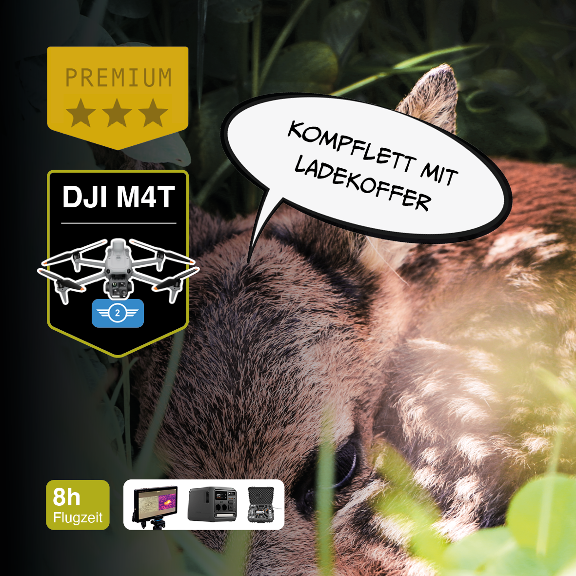 Ein Rehkalb liegt im Gras; im Überlagerungsbild ist ein CIELOTEC DROHNENSET Rehkitzrettung – DJI Matrice 4T (M4T) – PREMIUM-Drohne, Premium-Label, „Komplett mit Ladekoffer“ in einer Sprechblase sowie Drohnenzubehör mit dem Text „8h Flugzeit“ am unteren Rand.