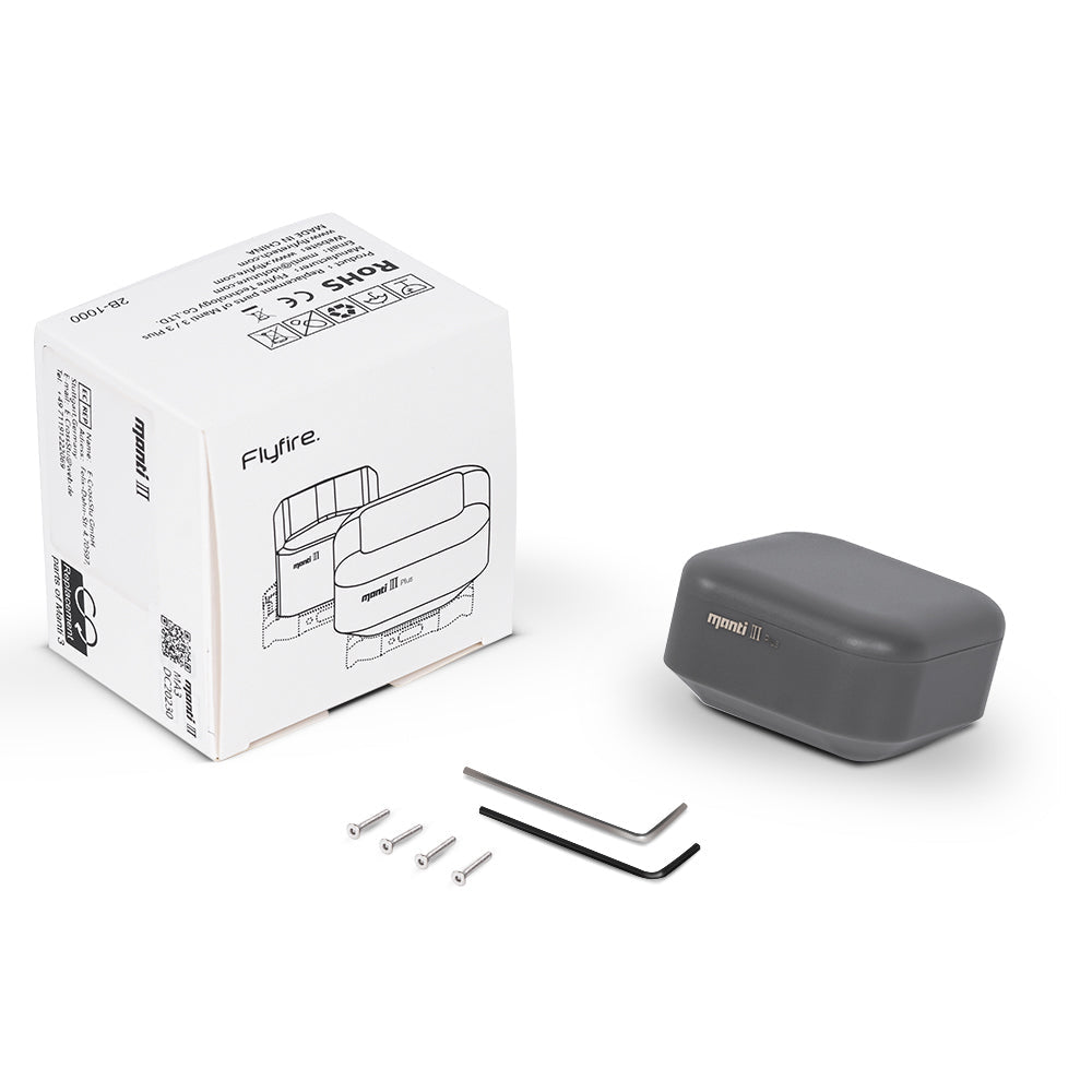 Ein Flyfiretech Manti 3 Plus Fallschirm für die DJI Mavic 3, verpackt in einem kompakten grauen Etui, zwei Inbusschlüsseln und vier Schrauben auf weißem Untergrund. Die Verpackung trägt den Aufdruck „Drohnensicherheit“ und zeigt den Produktnamen und technische Details.