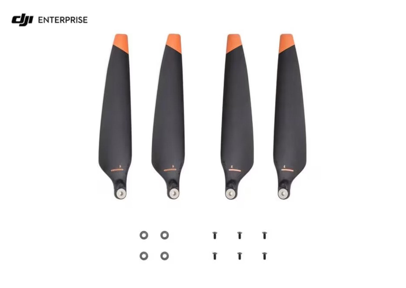 Vier Propellerblätter der DJI Enterprise 1676 High Altitude M30 Serie – C2 kompatible Propellerblätter mit orangefarbenen Spitzen, Unterlegscheiben und Schrauben werden horizontal auf weißem Hintergrund angezeigt. Das DJI Enterprise-Logo erscheint oben links.