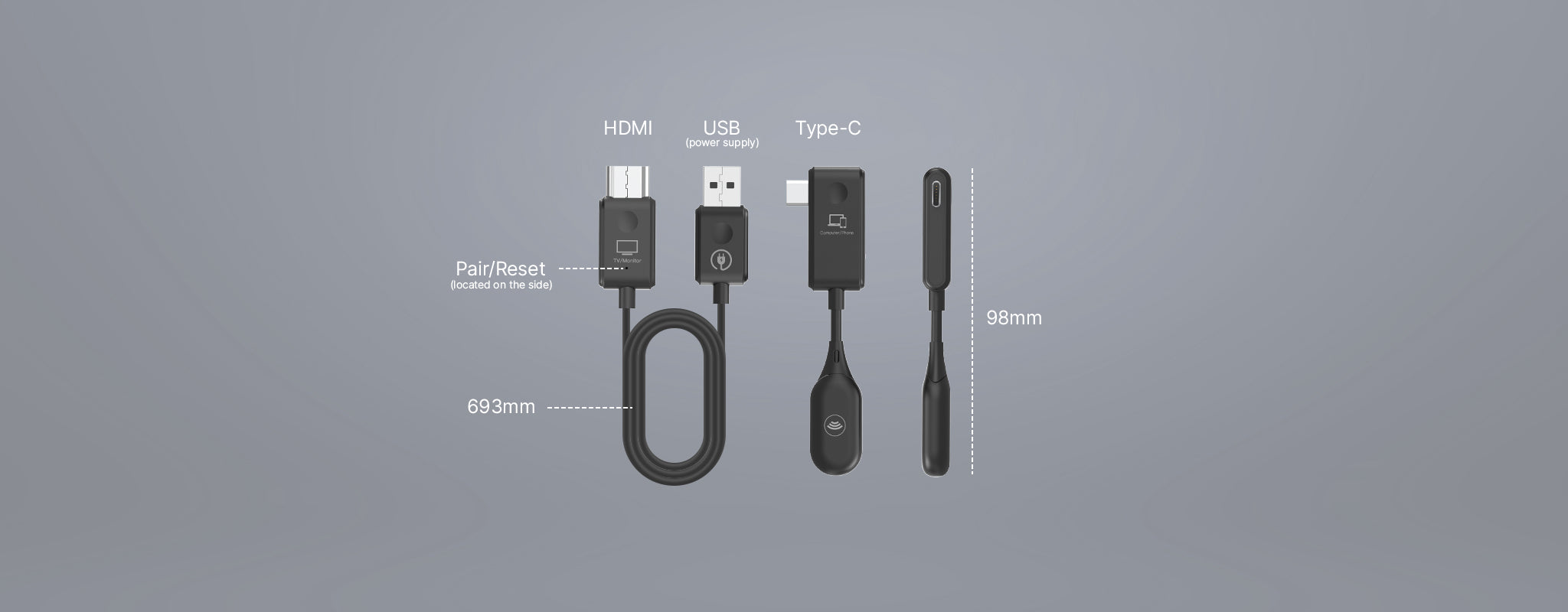 Vor grauem Hintergrund sind HDMI-, USB- und Typ-C-Kabel mit den Längen 693 mm für HDMI und USB sowie 98 mm für Typ-C zu sehen. Ein Kabel verfügt über eine Pairing-/Reset-Taste. Steigern Sie Ihre Konnektivität mit der digitalen Bildübertragung von MINIX – dem kabellosen USB-C-zu-HDMI-Transmitter C1.