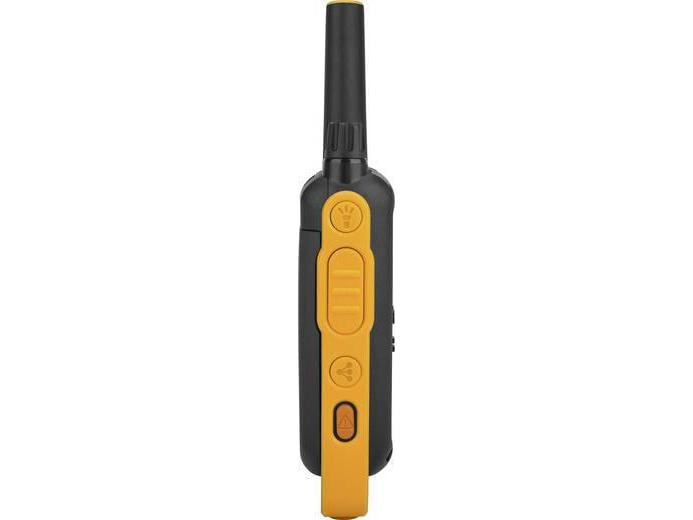 Das Motorola Funkgeräte-Set TLKR T82 extreme (2 Stück, mit Handmonophone) von Motorola: Schwarzes PMR446-Handfunkgerät mit gelber Seitenleiste und drei Tasten – robust, outdoortauglich und wassergeschützt.