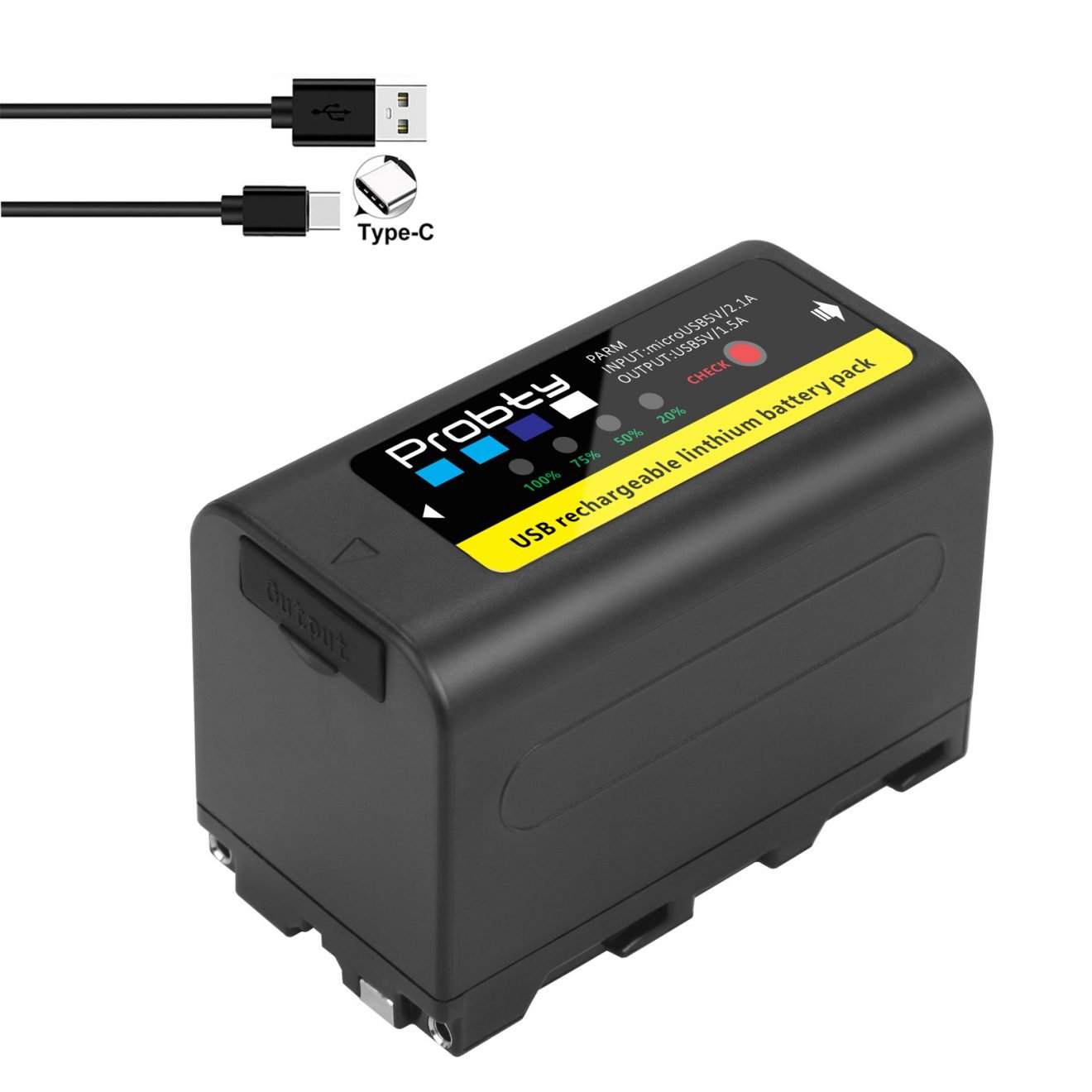Der Probty NP-F780 AKKU, ein schwarzer Lithium-Ionen-Akkupack mit integriertem Ladegerät und USB-C/USB-A-Ausgängen, wird mit seinem Kabel gezeigt – ideal für die Verwendung mit HDMI-Monitoren oder Powerbanks.