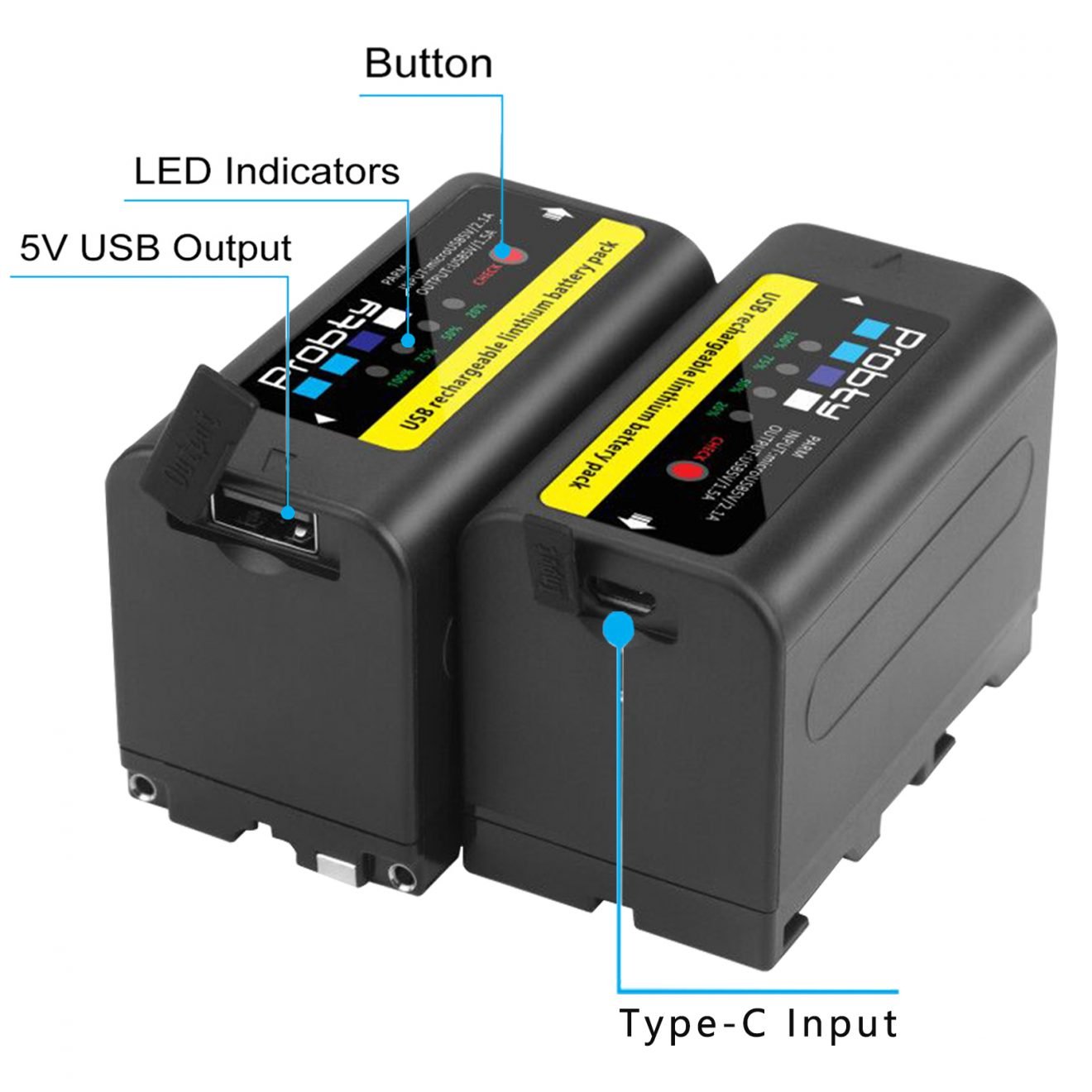 Abgebildet sind zwei schwarze Probty NP-F780 AKKU-Akkus mit integriertem Ladegerät. Einer verfügt über einen Knopf, LED-Anzeigen, einen 5V USB-A-Ausgang und einen USB-C-Eingang; blaue Schrift und Linien kennzeichnen die einzelnen Funktionen.