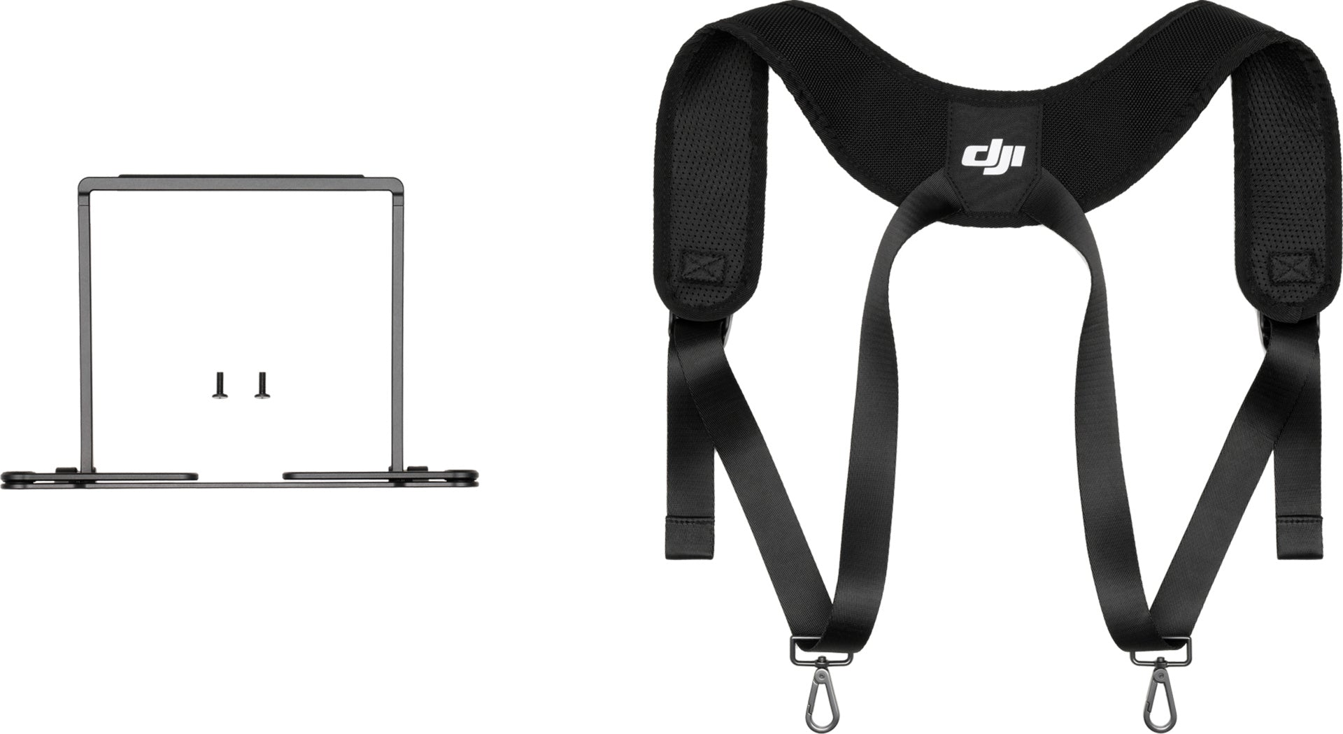 Das DJI RC Plus Strap and Waist Support Kit von DJI Enterprise, abgebildet auf weißem Hintergrund, umfasst einen schwarzen Schultergurt mit Logo und verstellbare Rahmenhalterung mit zwei Schrauben, kompatibel mit M30, 350, Inspire 3, Agras & Fly Cart.