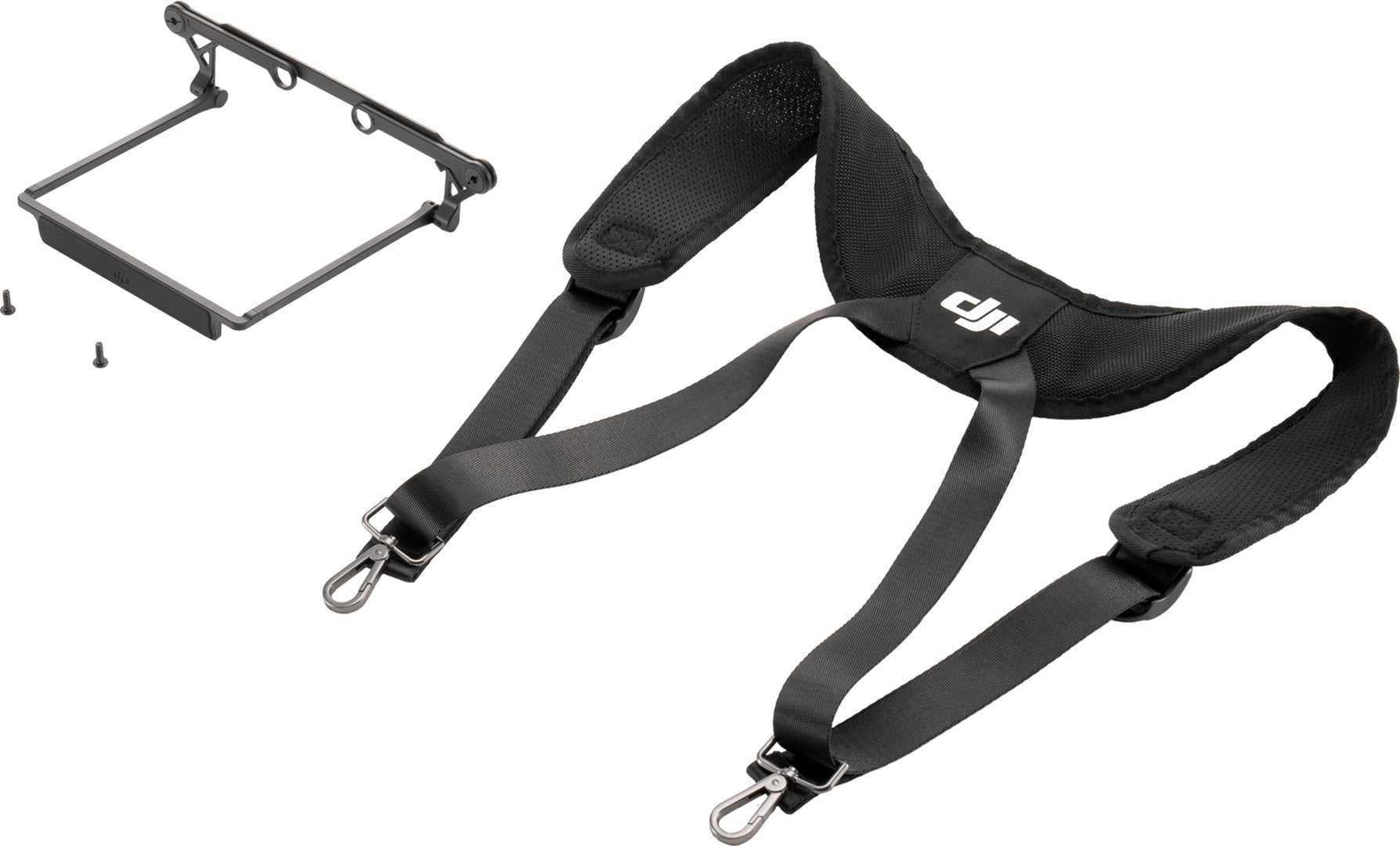 Das DJI RC Plus Strap and Waist Support Kit von DJI Enterprise, kompatibel mit M30, 350, Inspire 3, Agras & Fly Cart, wird mit Metallklammern neben einem Metallrahmen und zwei Schrauben auf weißem Hintergrund abgebildet.