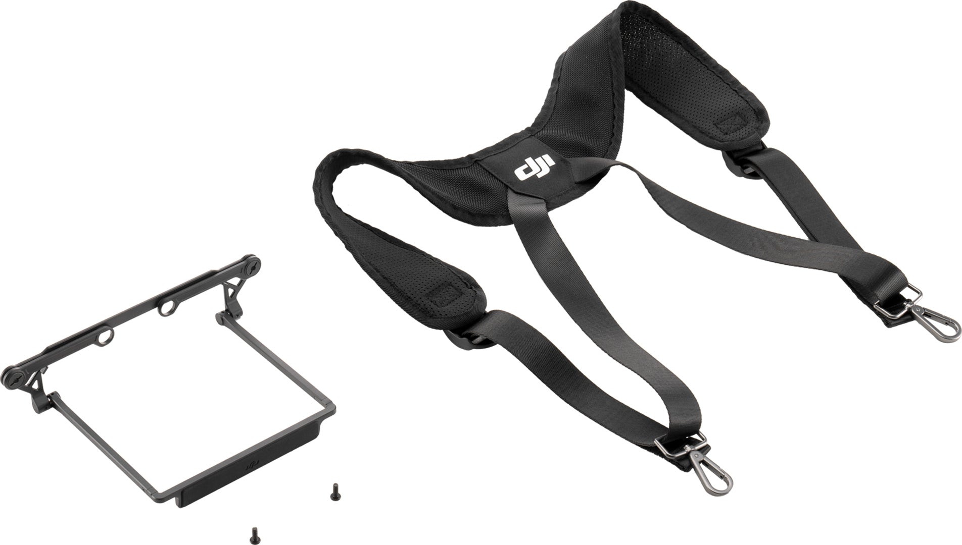 Auf weißem Hintergrund ist ein DJI RC Plus-Gurt- und Hüftstützset von DJI Enterprise abgebildet, das aus einem schwarz gepolsterten Gurt mit verstellbaren Gurten, Metallklammern, Halterung und Schrauben besteht – kompatibel mit M30, 350, Inspire 3, Agras und Fly Cart.