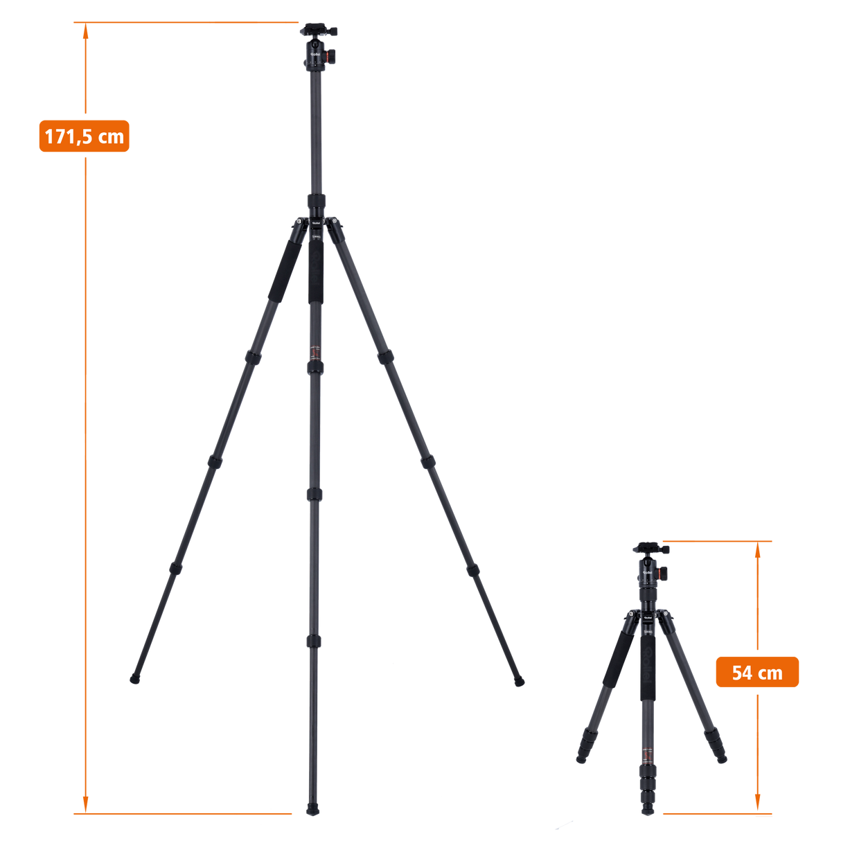 Zwei schwarze Stative werden präsentiert: Eines erreicht im ausgefahrenen Zustand eine Höhe von 171,5 cm, das andere lässt sich auf 54 cm verkleinern. Beide verfügen über mehrere Beinsegmente aus Carbonfaser und zeigen die technische Exzellenz des Rollei Stativ C6i Carbon. Orangefarbene Messlinien verdeutlichen den beeindruckenden Höhenunterschied.