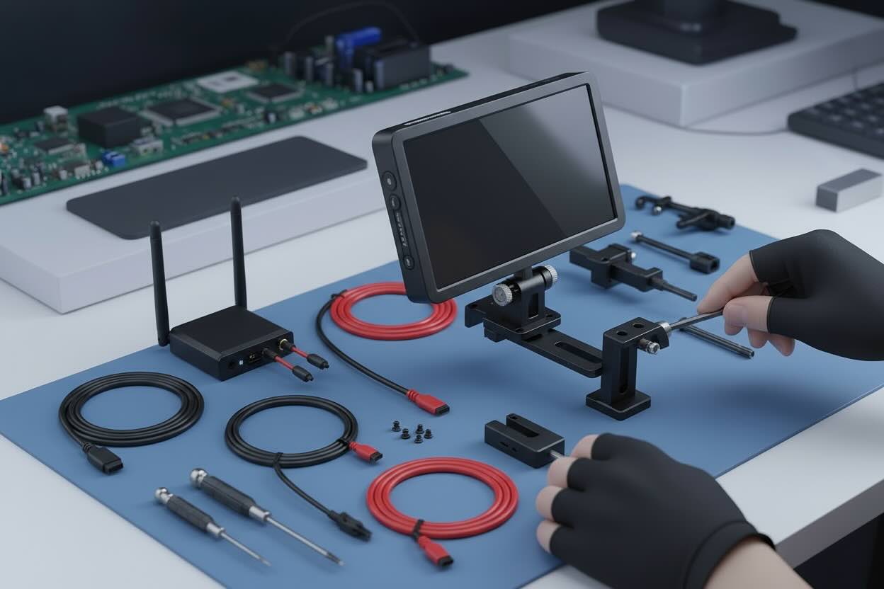 Eine Person mit schwarzen Handschuhen montiert CIELOTECs Aufwand Montage - Bildübertragung / Schnellverschlusssystem an Monitor, wobei die Werkzeuge auf einer blauen Matte angeordnet und die elektronischen Geräte im Hintergrund zu sehen sind.