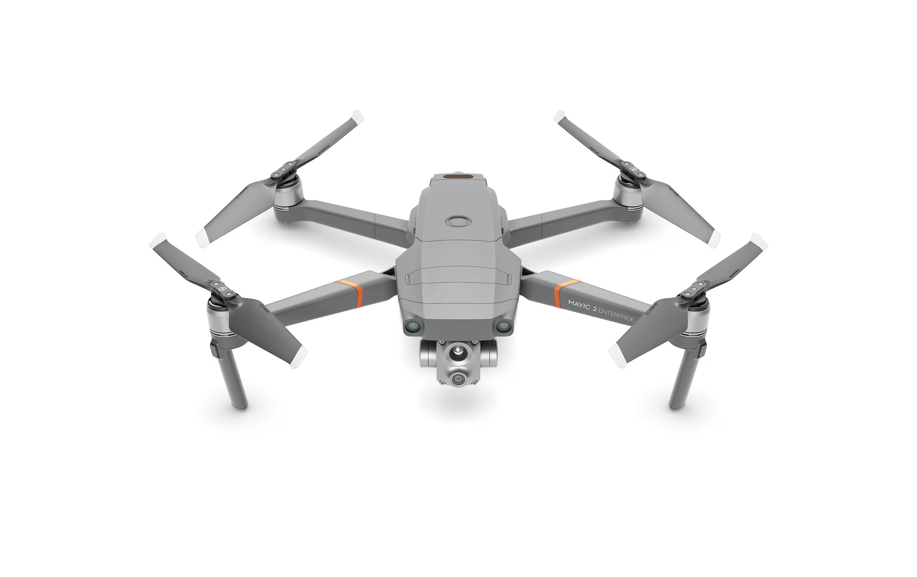 Der DJI Enterprise Mavic 2 Enterprise Advanced Multikopter (M2EA) mit vier Propellern, einer Frontkamera, orangefarbenen Arm-Akzenten und einer RTK-Antenne ist in Grau auf weißem Hintergrund dargestellt.