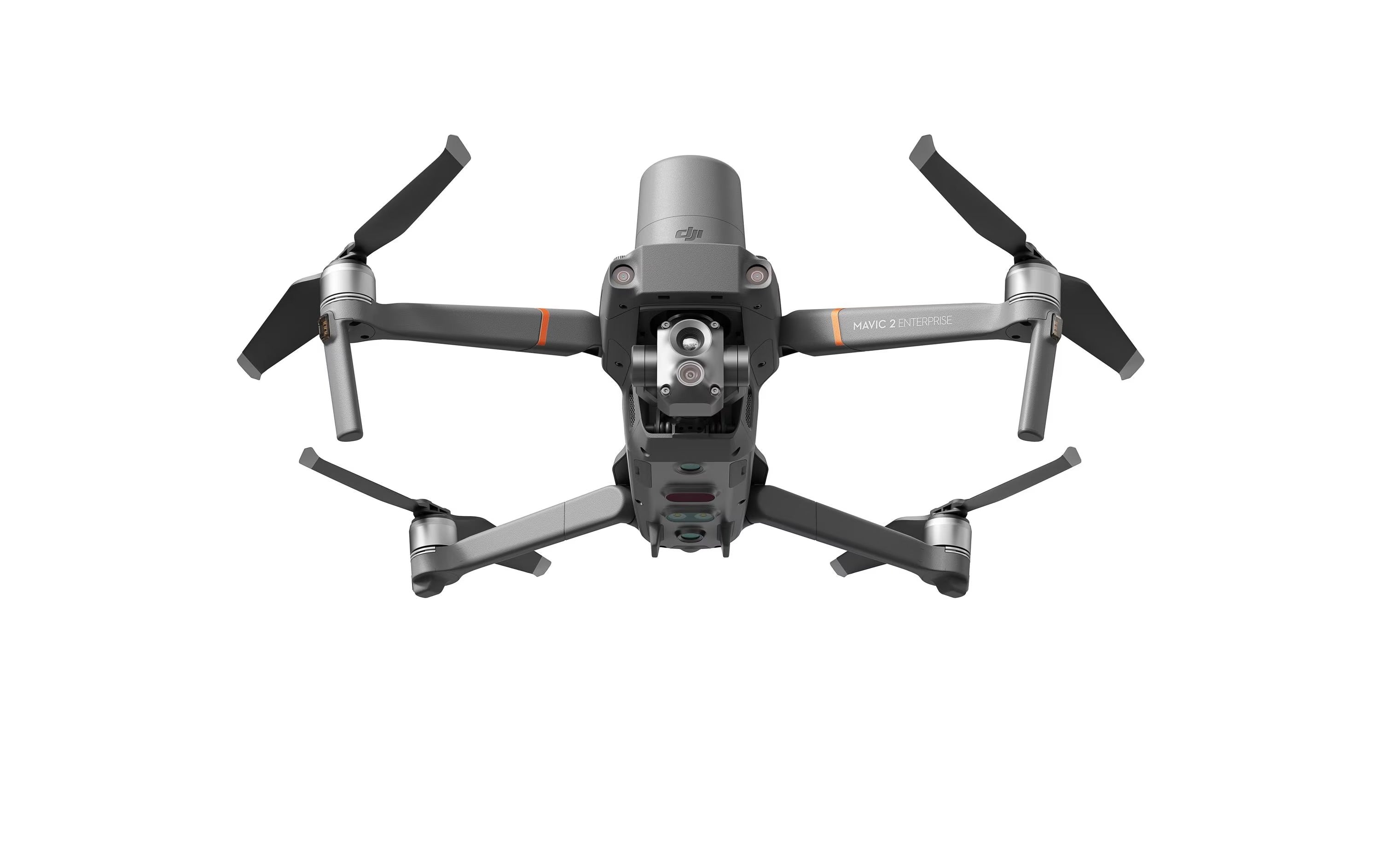Der DJI Enterprise Mavic 2 Enterprise Advanced Multikopter (M2EA) in Grau mit vier Propellern und einer Frontkamera wird im Flug vor einem weißen Hintergrund gezeigt, wodurch seine fortschrittliche Doppelkamera-Technologie hervorgehoben wird.