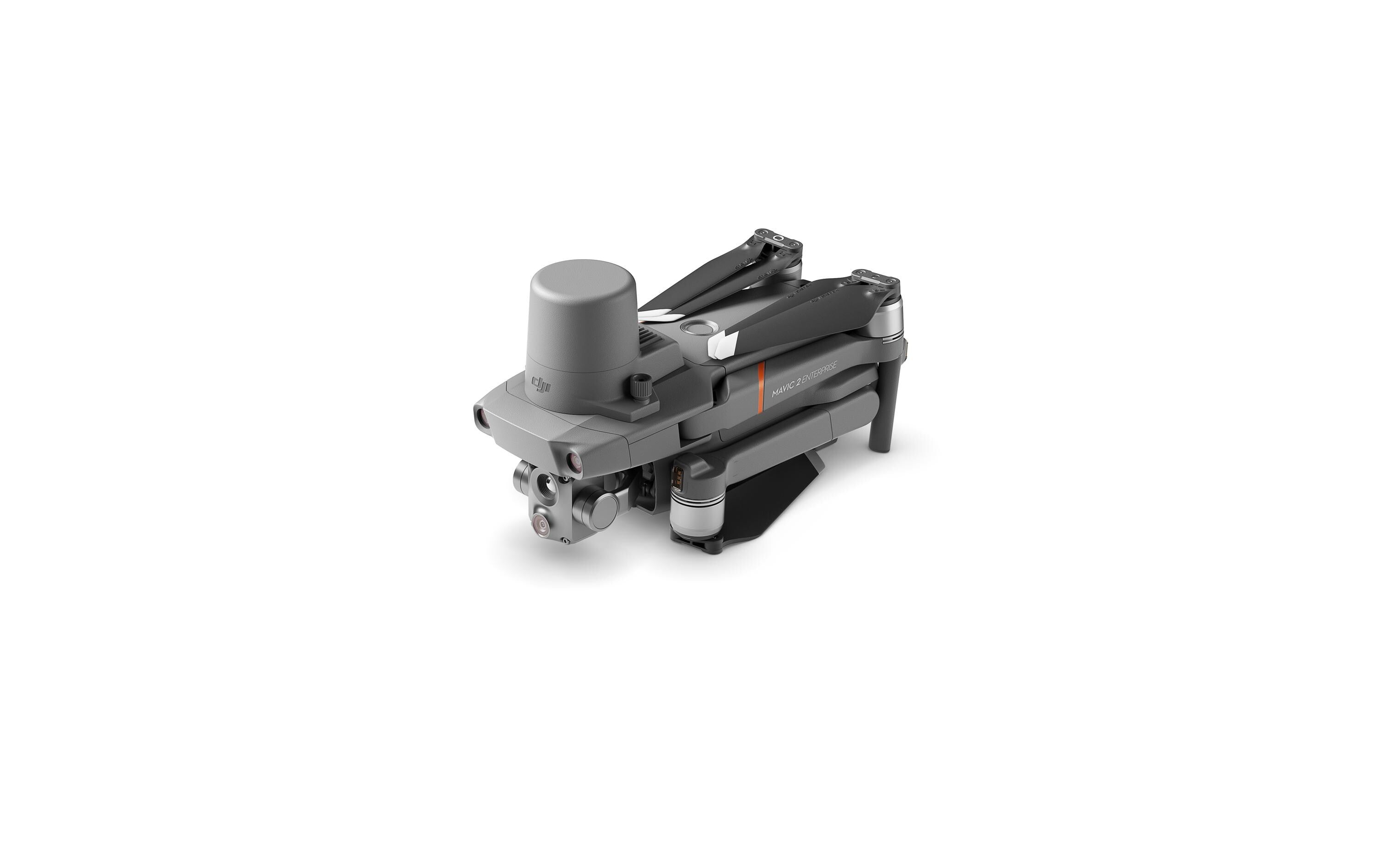 Der DJI Enterprise Mavic 2 Enterprise Advanced Multikopter (M2EA), eine kompakte graue Drohne mit mehreren Sensoren und Doppelkameras, ist gefaltet auf weißem Hintergrund abgebildet.