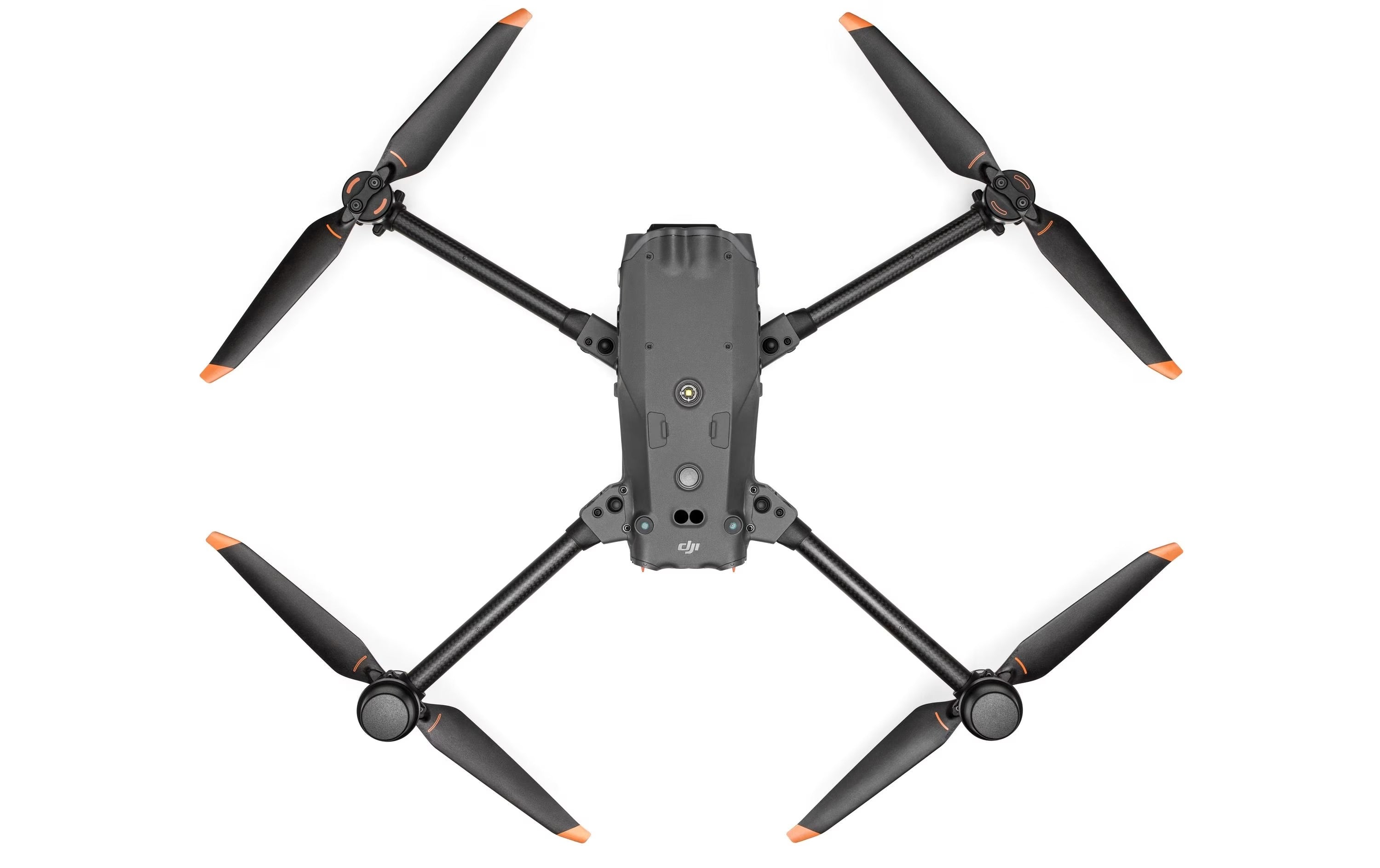 Der DJI Enterprise Multikopter Matrice 30T RTK verfügt über vier orangefarbene Propeller und ein elegantes graues Gehäuse, von oben auf weißem Hintergrund zu sehen. Er ist wasserdicht nach IP55 und verfügt über eine 48-Megapixel-Zoomkamera, ideal für detaillierte Luftaufnahmen.