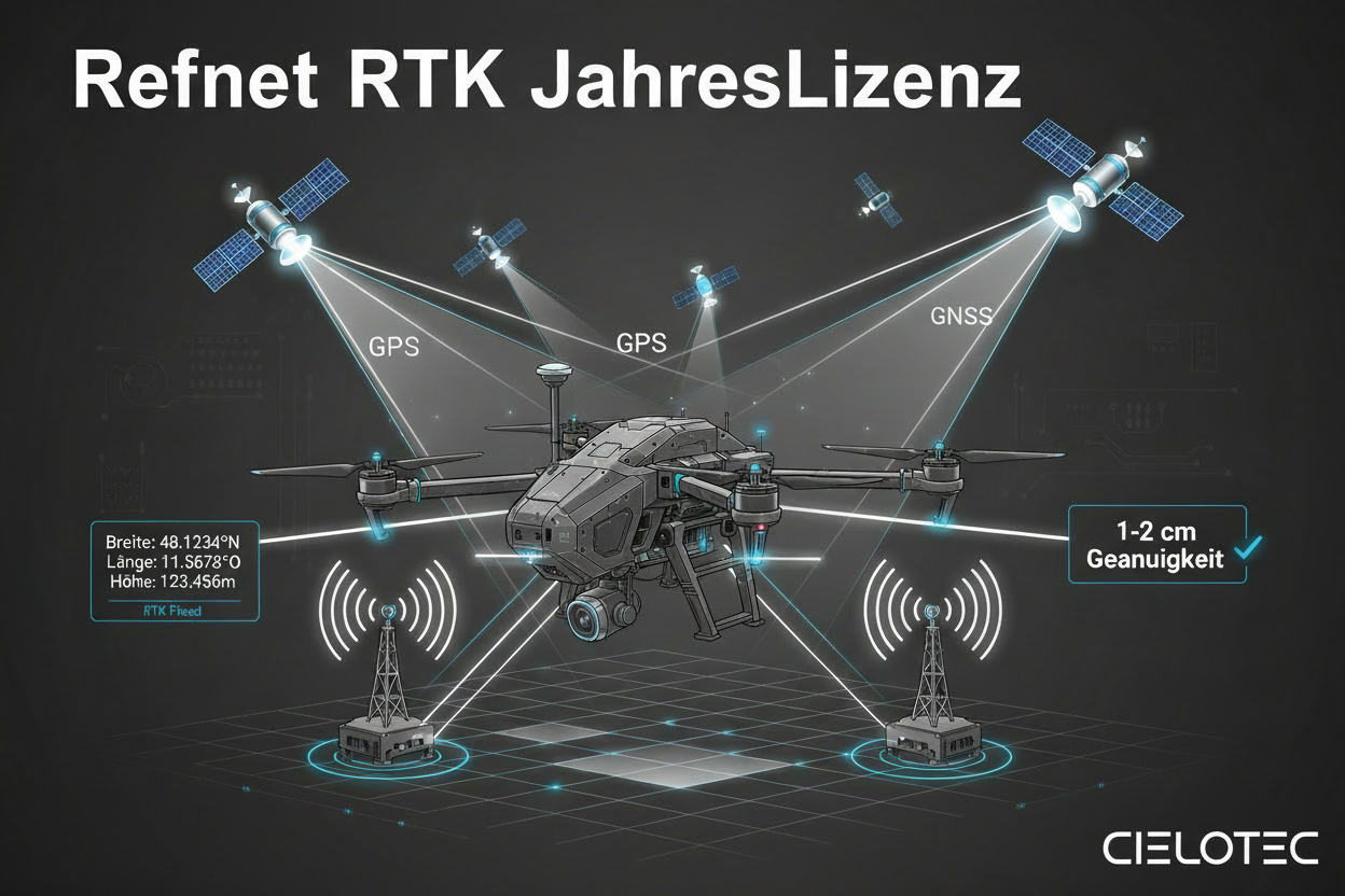 Der RTK Drohnen Positionierungsdienst Refnet Abo - 12 Monate GNSS Präzision ermöglicht Ihrer Drohne eine 1-2 cm genaue Positionierung. Refnet Positionierungsdienst im Fokus, unten rechts das Cielotec-Logo.