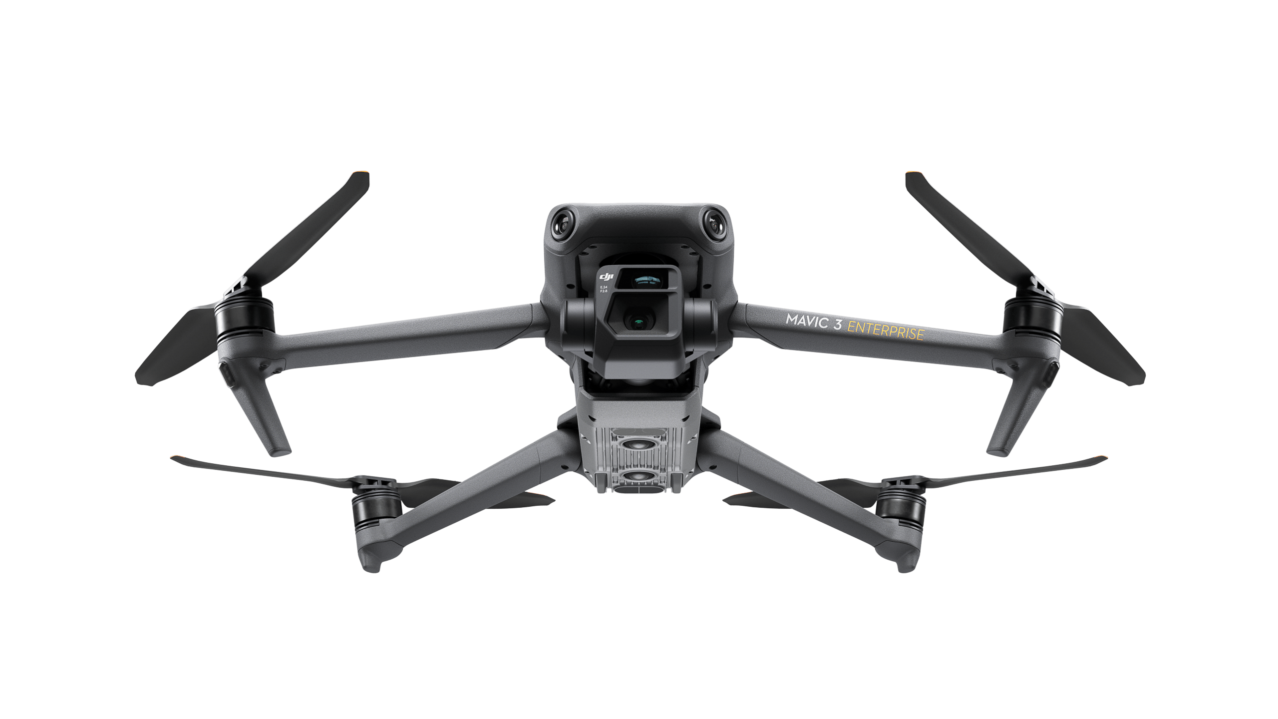 Eine DJI Enterprise Multikopter Mavic 3 Enterprise (M3E) (EU/C2) Drohne mit vier Propellern, RTK-Modul und Frontkamera ist von unten auf weißem Hintergrund zu sehen. Inklusive DJI Care Basic.
