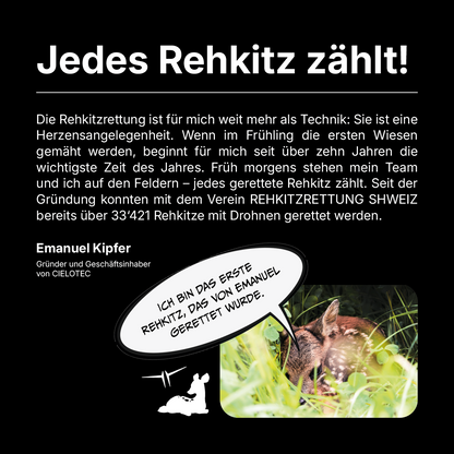 Ein deutsches Werbeplakat von CIELOTEC für das DROHNENSET „Rehkitzrettung – DJI Matrice 4T – BASIC“ trägt die Überschrift „Jedes Rehkitz zählt!“, zusammen mit dem Foto eines im Gras versteckten Rehkitzes und einer Sprechblase mit dem Text: „Ich bin das erste Rehkitz, das von Emanuel gerettet wurde.“.