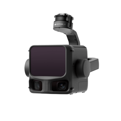 Ein schwarzes DJI Enterprise Zenmuse L3, ein hochpräzises Luftbild-LiDAR-System mit zwei 100-MP-RGB-Kameras für die professionelle Vermessung und Kartierung, wird auf einem schlichten weißen Hintergrund dargestellt.