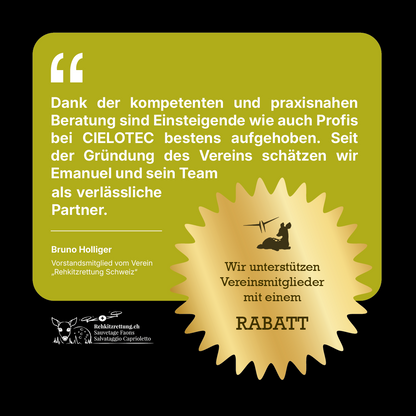 Hier ist eine überarbeitete Version des Satzes unter Verwendung Ihrer Produktdaten: Ein Erfahrungsbericht auf Deutsch lobt das DROHNENSET „Rehkitzrettung – DJI Matrice 4T – BASIC“ von CIELOTEC mit einem goldenen Siegel: „Wir unterstützen Vereinsmitglieder mit einem RABATT.“ Enthält die Logos von Rehkitzrettung Schweiz.