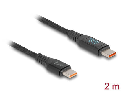 Auf weißem Hintergrund sind zwei schwarze, geflochtene Delock-USB-C-Ladekabel mit unterschiedlichen Symbolen an den Steckern abgebildet. Diese Kabel sind für Hochleistungsladungen ausgelegt, unterstützen bis zu 140 W (USB PD 3.1) und verfügen über einen Textilmantel. Die Länge von 1,2 m ist in der unteren rechten Ecke rot angegeben.