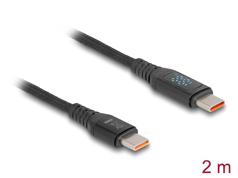Auf weißem Hintergrund sind zwei schwarze, geflochtene Delock-USB-C-Ladekabel mit unterschiedlichen Symbolen an den Steckern abgebildet. Diese Kabel sind für Hochleistungsladungen ausgelegt, unterstützen bis zu 140 W (USB PD 3.1) und verfügen über einen Textilmantel. Die Länge von 1,2 m ist in der unteren rechten Ecke rot angegeben.