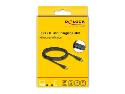 Abgebildet ist eine gelbe Verpackung des Delock USB-C-Ladekabels 140 W mit Leistungsanzeige – 1,2 m, auf der ein Bild des Kabels sowie Symbole zu sehen sind, die die Datenübertragungsgeschwindigkeit, die Ladeleistung von 140 W, die Kabellänge (1,2 m) und eine Leistungsanzeige zur Anzeige der Ladegeschwindigkeit verdeutlichen.