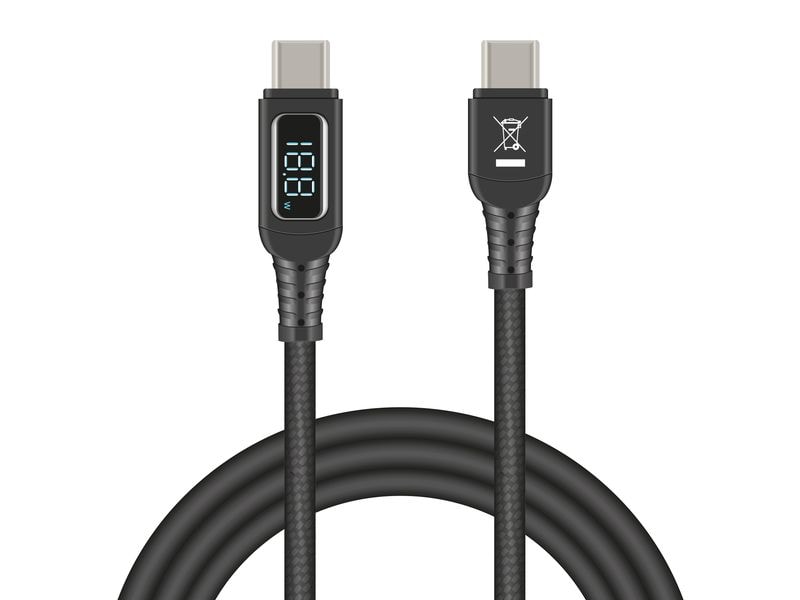 Das Delock USB-C-Ladekabel 140 W mit Leistungsanzeige ist ein schwarzes, geflochtenes USB-C-Ladekabel (1,2 m) mit zwei Steckern: Ein Stecker verfügt über eine digitale Leistungsanzeige mit Zahlen, der andere Stecker zeigt das Symbol eines durchgestrichenen Mülleimers an.