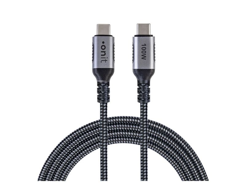 Das onit USB-C-Kabel 100 W – USB 3.1 Gen 2 (10 Gbit/s), 1 m, Nylon ist ein geflochtenes Ladekabel mit metallischen Steckern, die mit „onit“ und „100W“ beschriftet sind, und unterstützt Schnellladen mit bis zu 100 W. Dieses auf Effizienz ausgelegte Kabel ermöglicht zudem Datenübertragungsgeschwindigkeiten von bis zu 10 Gbit/s und ist am unteren Ende ordentlich aufgerollt.