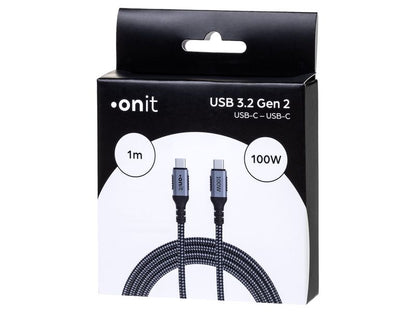 Auf der Verpackung des schwarz-weißen „Onit USB-C Kabel 100 W“ ist ein 1 Meter langes, nylonummanteltes USB 3.1 Gen 2-Kabel abgebildet, wobei die Stecker auf der Vorderseite der Verpackung zu sehen sind, was die Unterstützung für eine Hochgeschwindigkeits-Datenübertragung mit 10 Gbit/s unterstreicht.