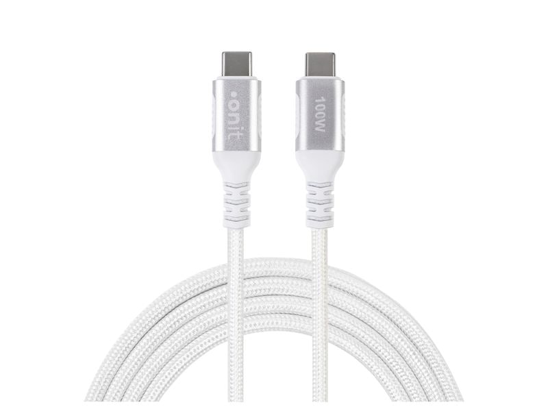 Ein weißes, geflochtenes „onit“-USB-C-Kabel mit 100 W – USB 3.1 Gen 2 (10 Gbit/s), 1 m, Nylon, mit silbernen Steckern – einer mit der Aufschrift „onit“ und der andere mit „100W Laden“, um die hohe Ladeleistung hervorzuheben. Das Kabel unterstützt eine Datenübertragungsrate von bis zu 10 Gbit/s und ist am unteren Ende vor einem weißen Hintergrund aufgerollt.