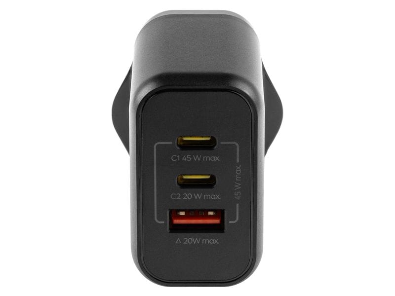 Das onit USB-Wandladegerät Triple 45 W GaN – 2× USB-C + 1× USB-A, Schwarz ist ein schwarzes Wandladegerät von onit mit zwei nach vorne gerichteten USB-C-Anschlüssen mit den Bezeichnungen „45 W max“ und „20 W max“ sowie einem einzelnen USB-A-Anschluss mit der Bezeichnung „20 W max“, wobei alle Anschlüsse gut sichtbar sind.