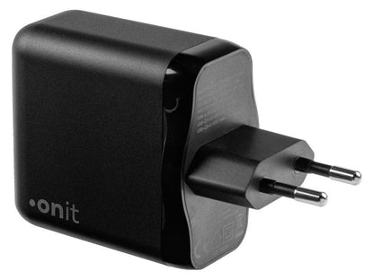 onit 65W GaN Dreifach-USB-C/USB-A Schnellladegerät für Mobilgeräte, Schwarz