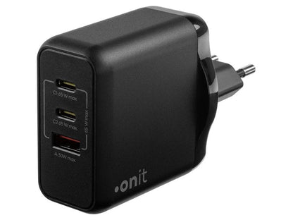 onit 65W GaN Dreifach-USB-C/USB-A Schnellladegerät für Mobilgeräte, Schwarz