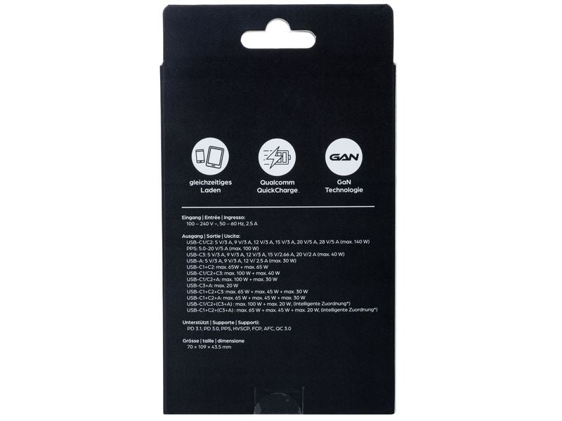 onit USB-Wandladegerät Quad 140 W GaN – 3× USB-C + 1× USB-A (PD 3.1), Schwarz