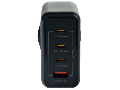 Das onit USB-Wandladegerät Quad 140 W GaN in Schwarz ist ein leistungsstarkes Schnellladegerät von onit mit drei USB-C-Anschlüssen (jeweils mit max. 140 W) und einem USB-A-Anschluss (max. 30 W an der Vorderseite) – ideal zum gleichzeitigen Laden all Ihrer Geräte.